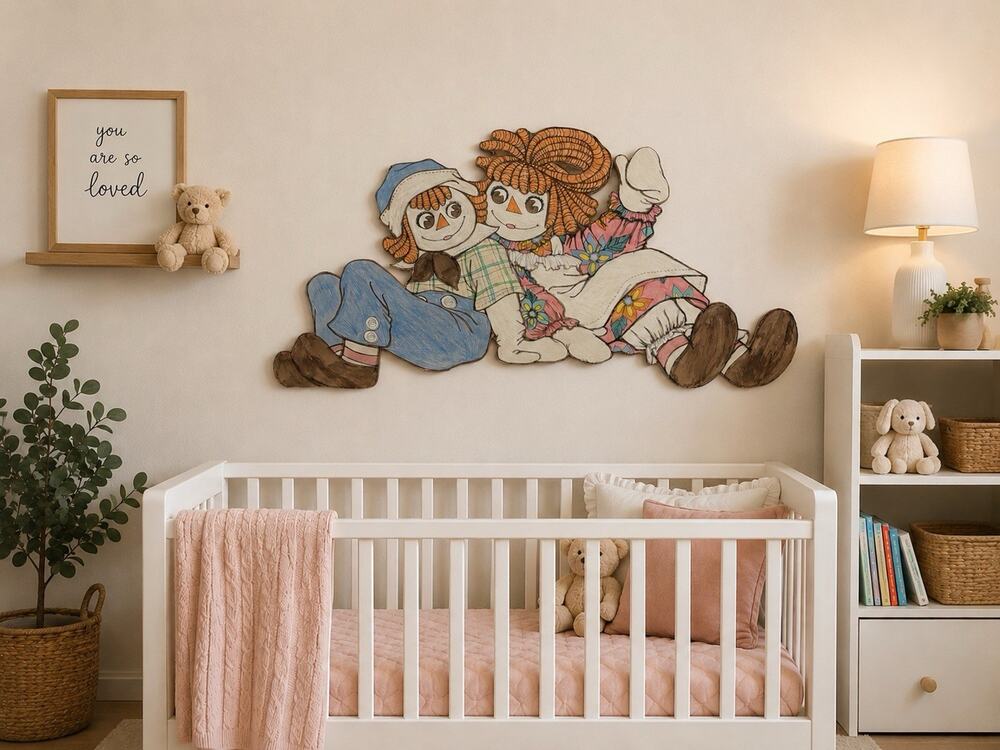 Raggedy Ann & Andy Wood Wall Hanging Crafted Children Artisan Decorate Handmade